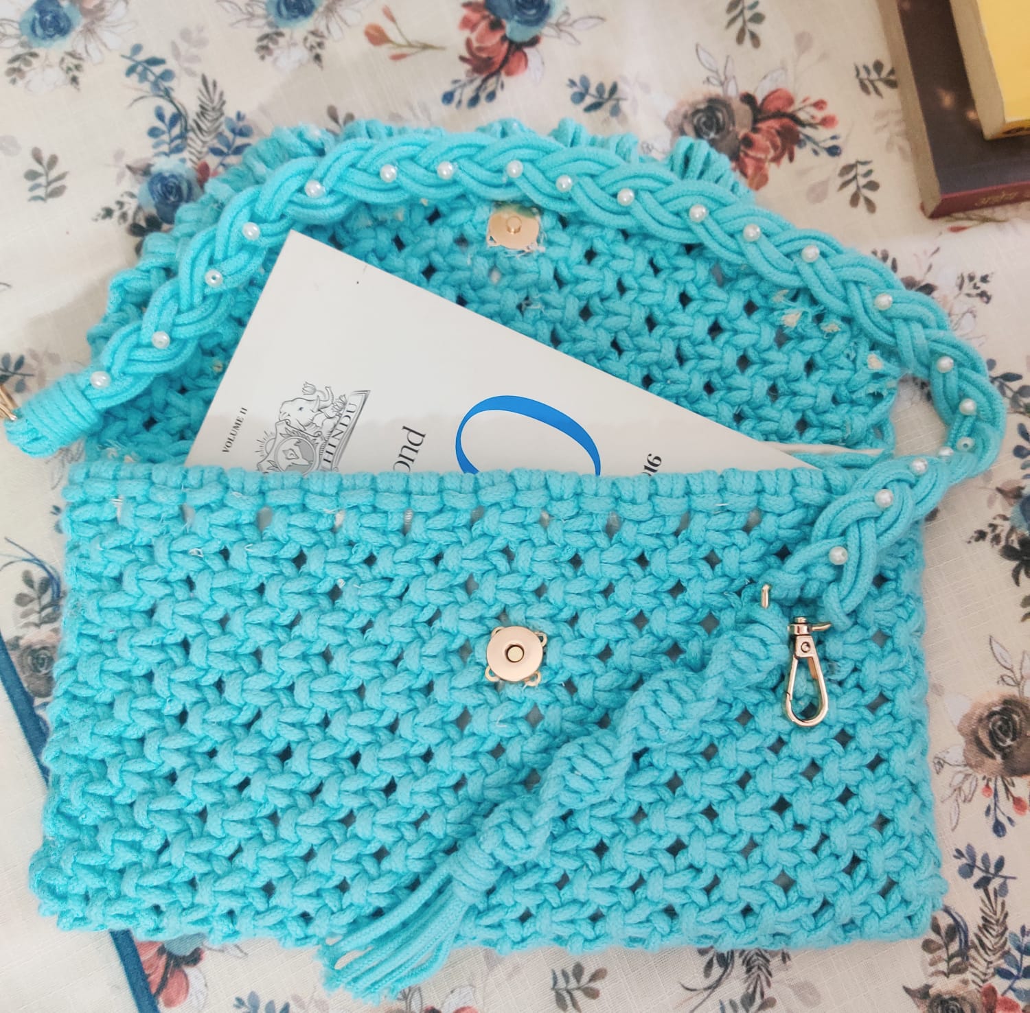 Handmade Turquoise Macramé Shoulder Bag with Beaded Strap – Boho Chic Cotton Cord Purse for Women
