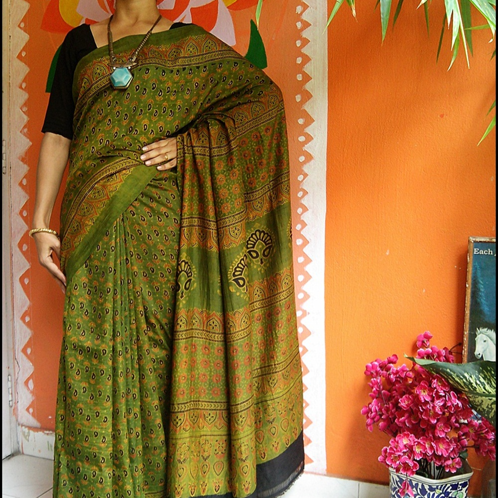 Premium Mulberry Silk Ajrakh Hand Block Printed Magical...Signature Work. Saree