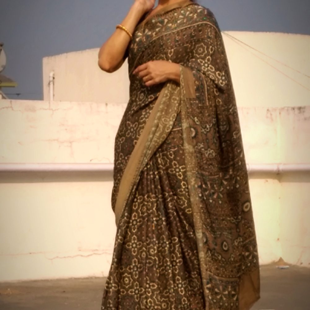 Rich Modal Silk Ajrakh Hand Block Printed Designer Saree,Natural Dye00000