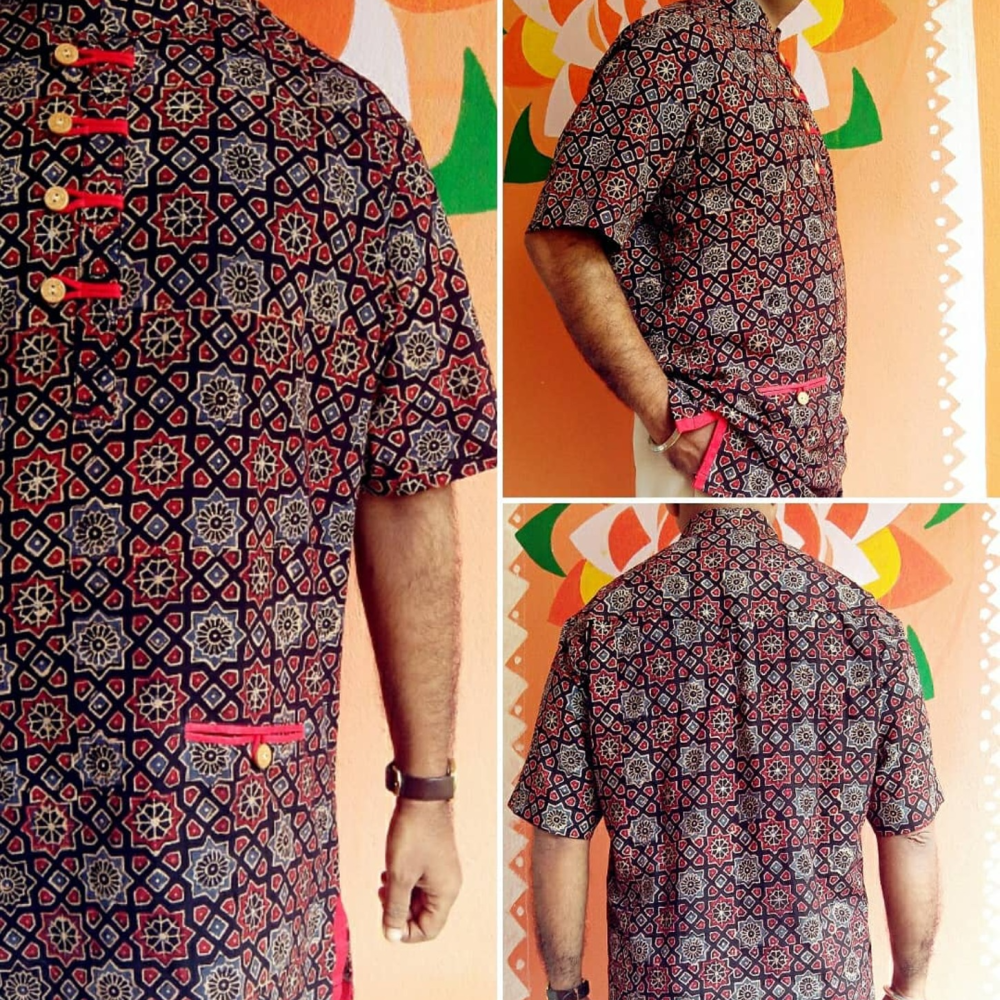 Natural dyed geometric pattern hand printed Ajrakh Designer Shirt.