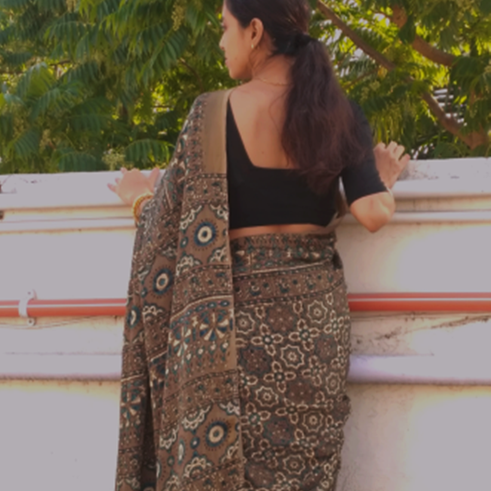 Rich Modal Silk Ajrakh Hand Block Printed Designer Saree,Natural Dye00000