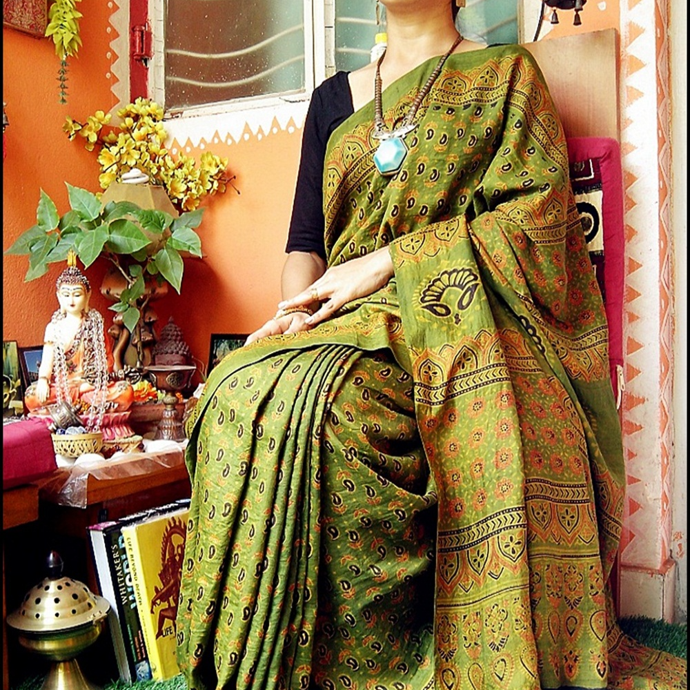 Premium Mulberry Silk Ajrakh Hand Block Printed Magical...Signature Work. Saree