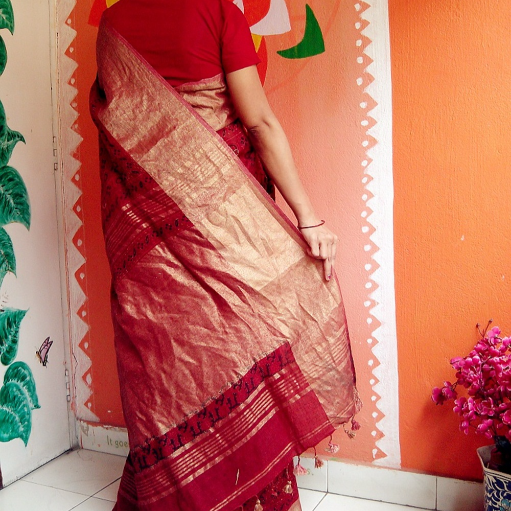 Pure Linen Saree with Ajrakh Hand Block Print..Zari Border Signature Work Saree