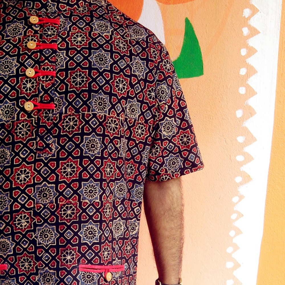Natural dyed geometric pattern hand printed Ajrakh Designer Shirt.