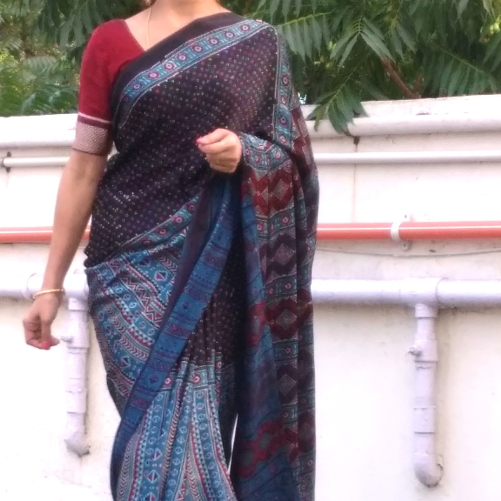 Ajrakh Hand Block Printed Luxuriously Exotic  Modal silk Saree