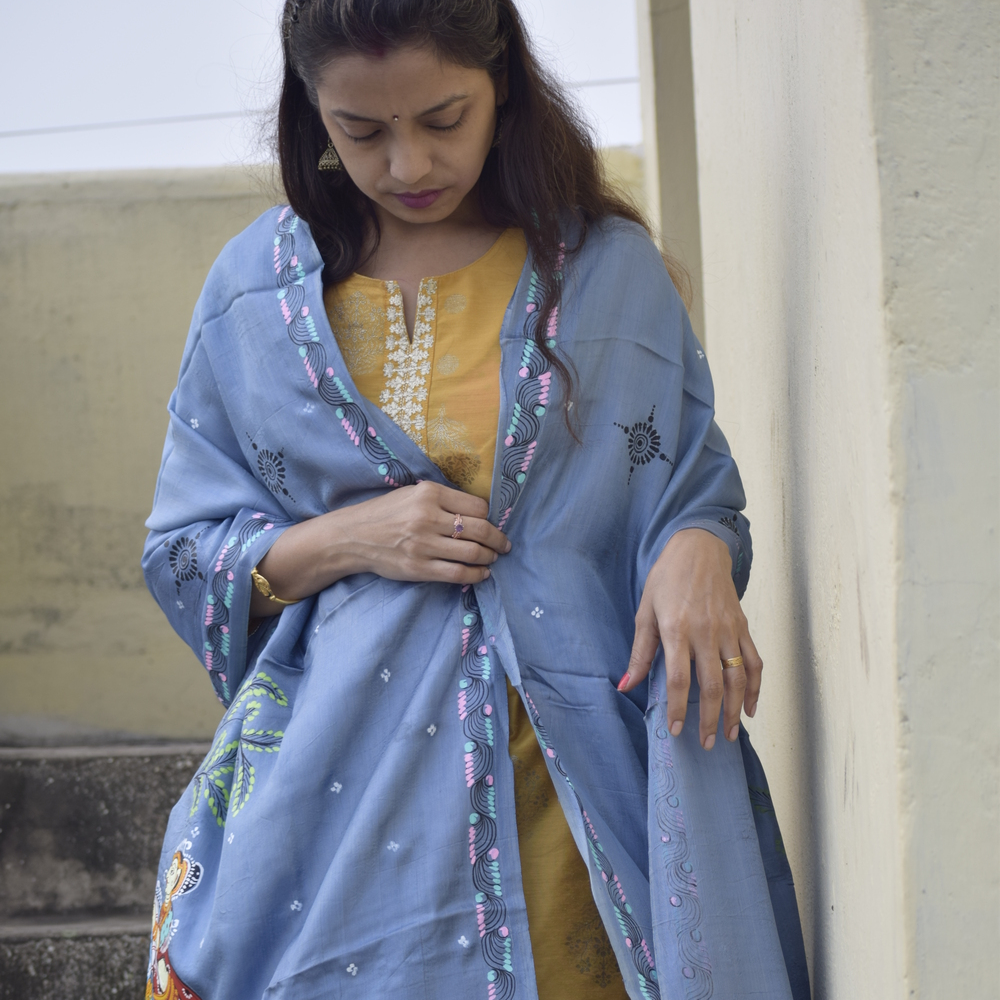 RAASLEELA -  Handpainted Banana Silk Pattachitra Dupatta ,Your must Accessory.