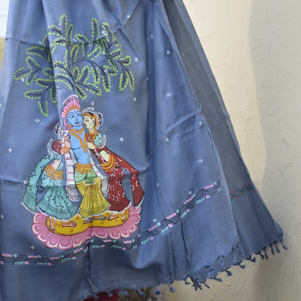 RAASLEELA -  Handpainted Banana Silk Pattachitra Dupatta ,Your must Accessory.
