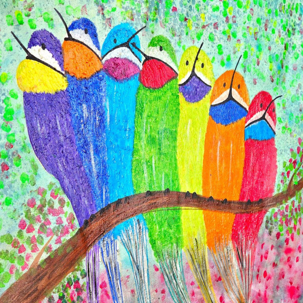 Rainbow birds chilling on tree canvas painting