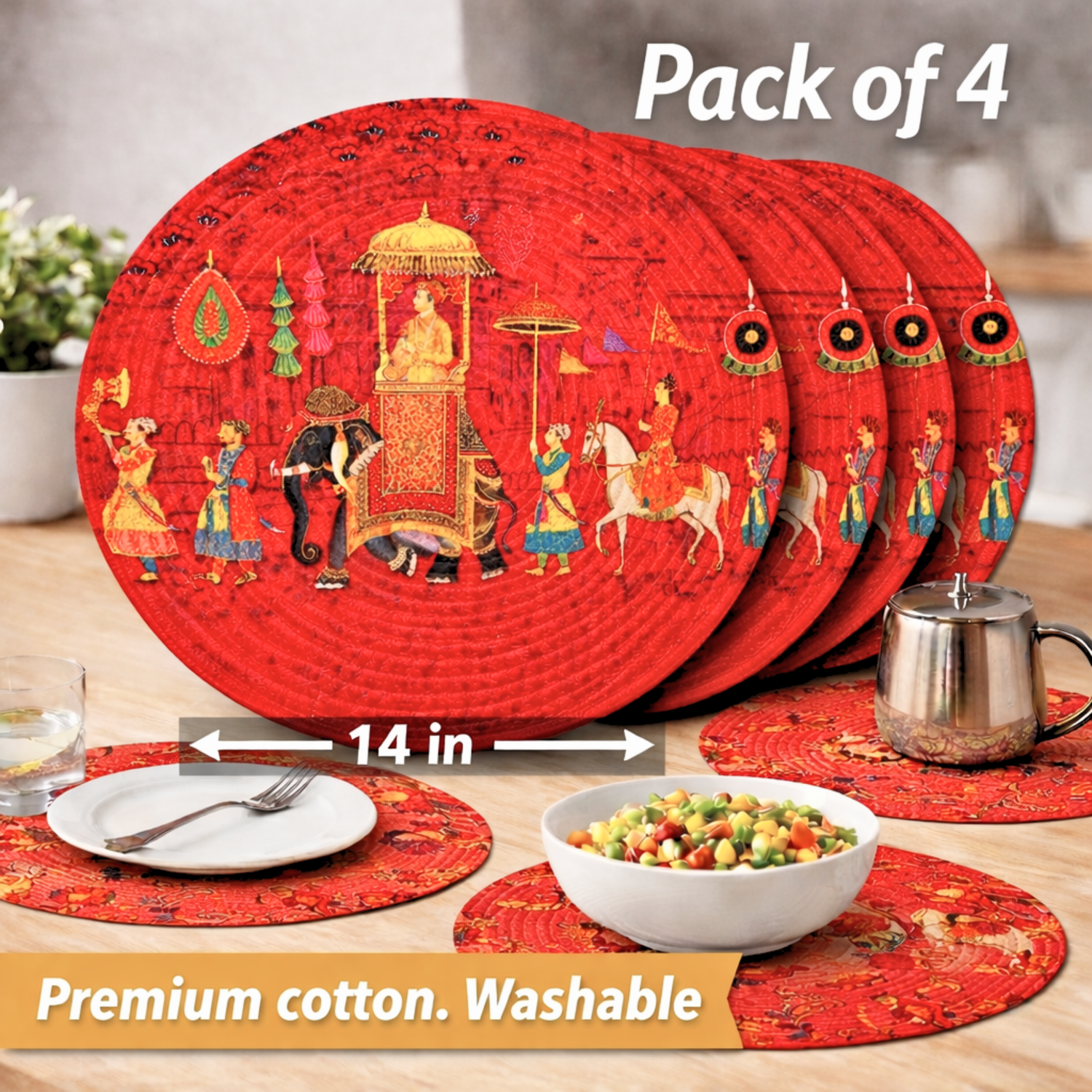 Mittory Cotton Round Dining Table Mats 4 | Royal Red Handmade Place Mats | Hot Pot Mat
