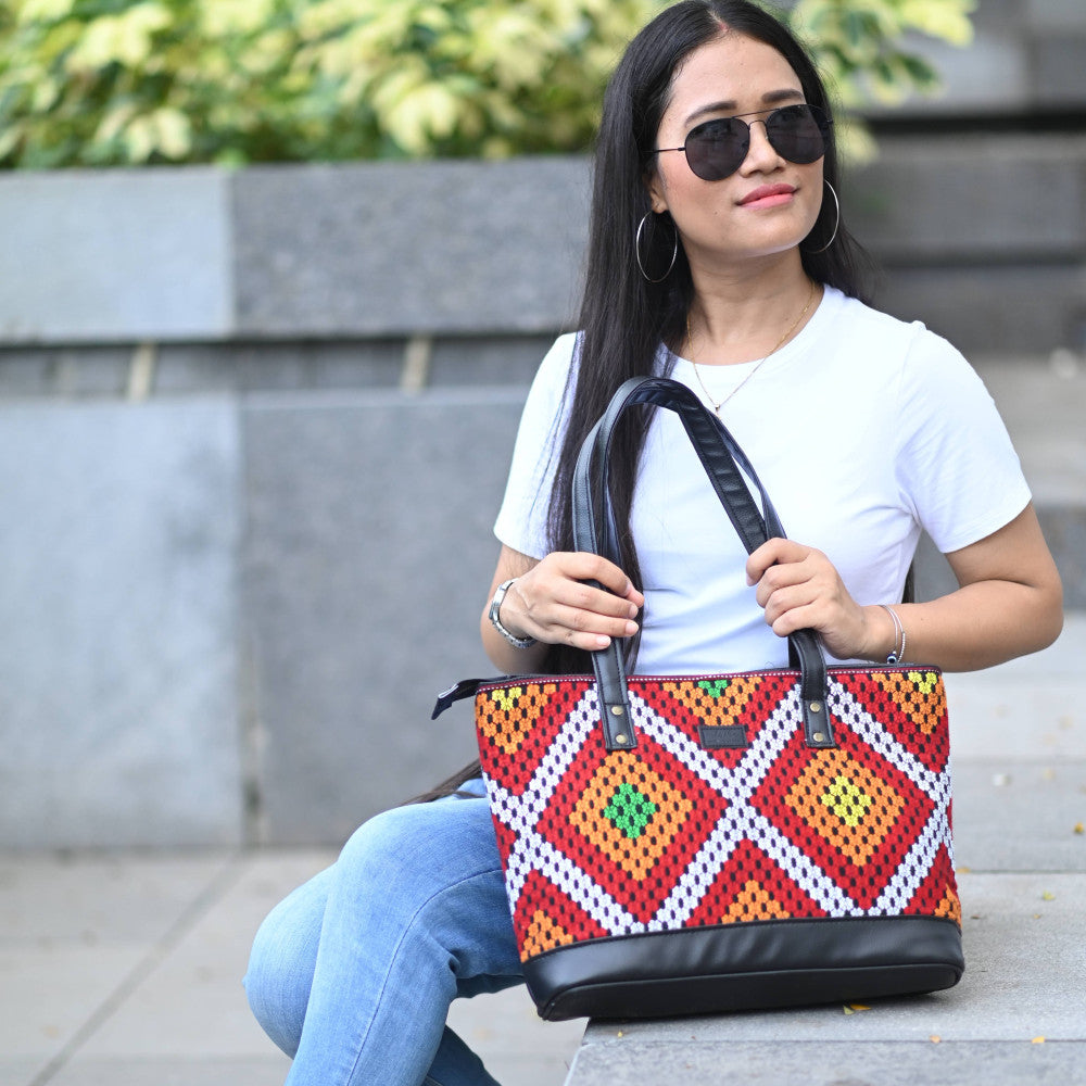 Ethnic Tote Bag (Red and White Diamond Pattern)