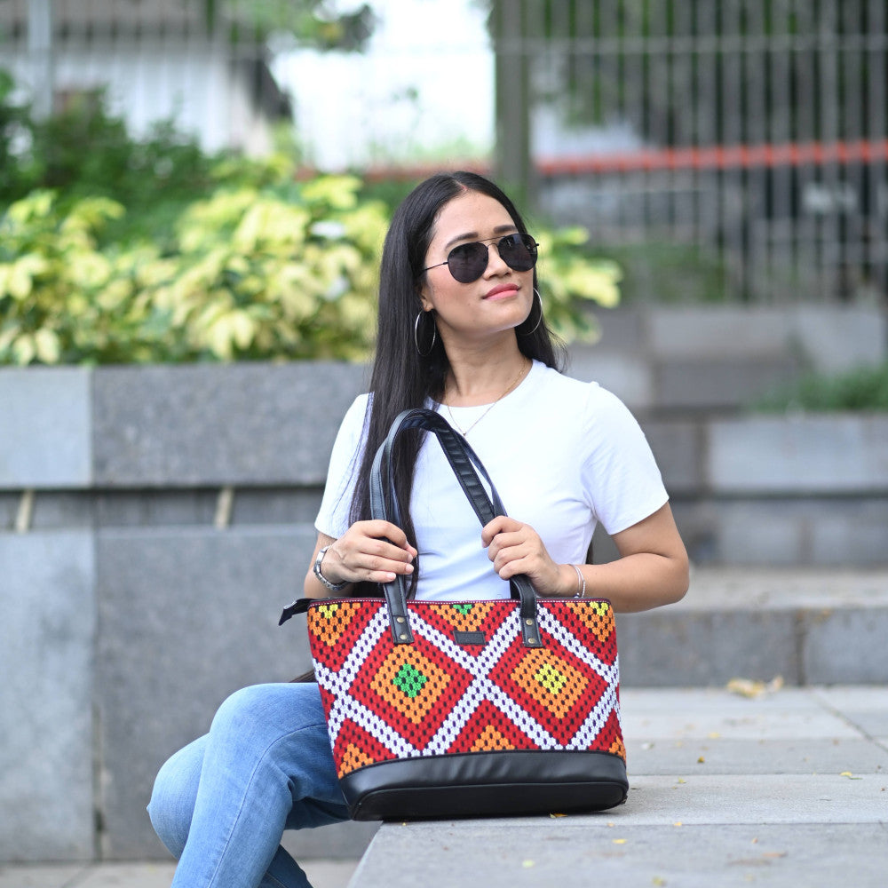 Ethnic Tote Bag (Red and White Diamond Pattern)