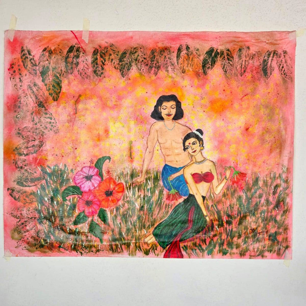Indian royal couple romancing in garden acrylic canvas painting