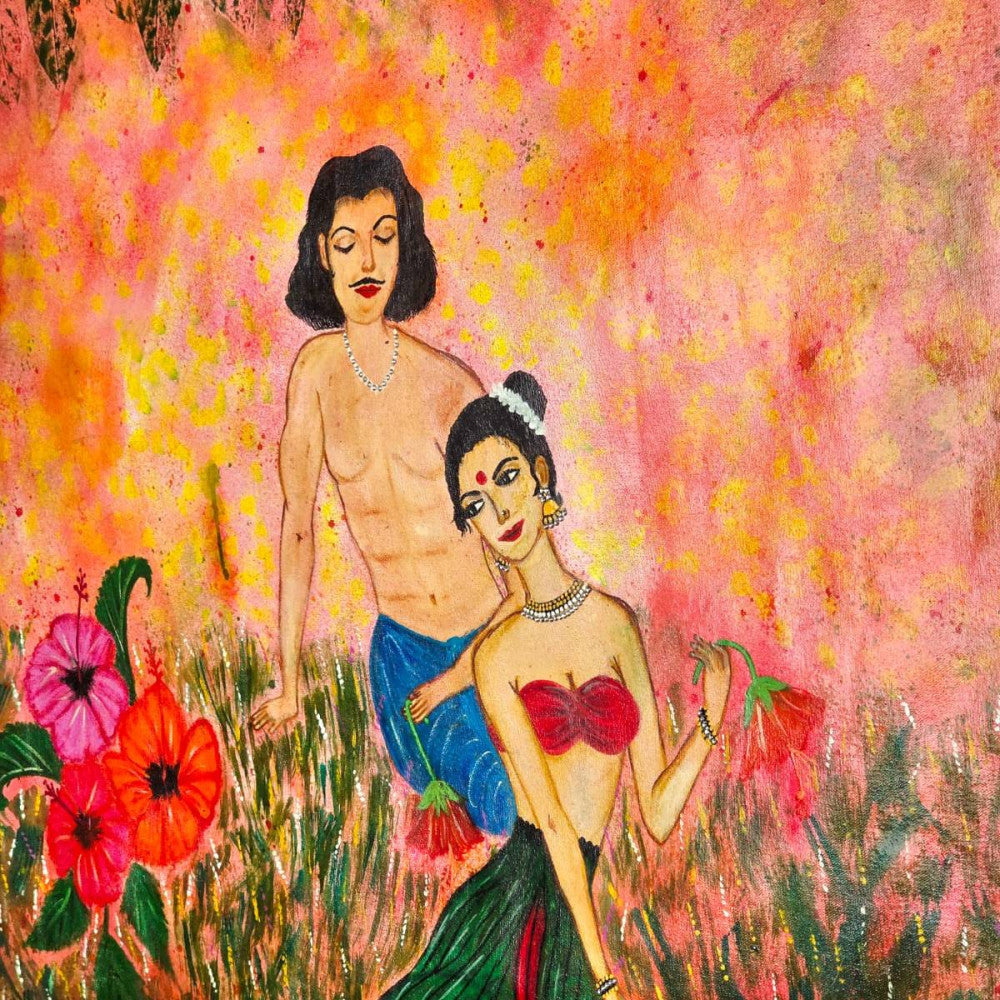Indian royal couple romancing in garden acrylic canvas painting