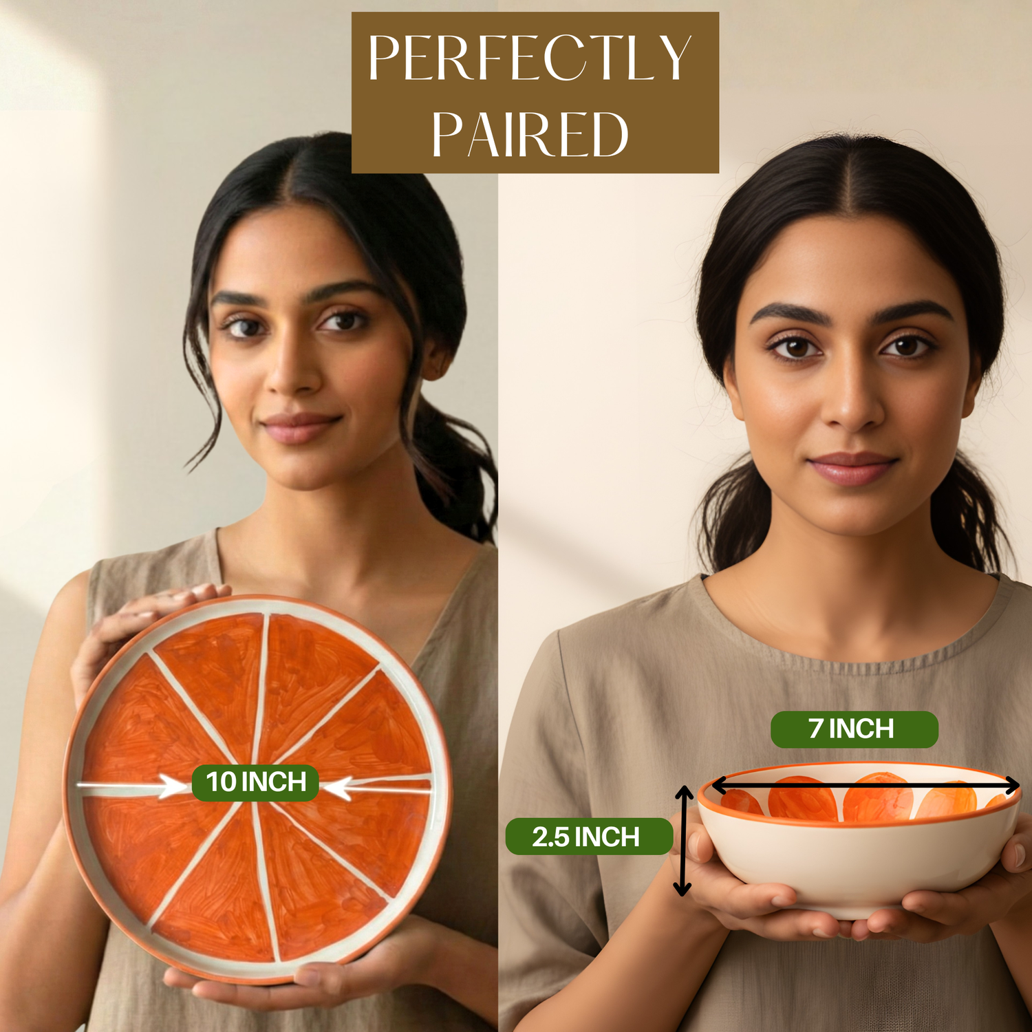 Mittory Citrus Ceramic Serving Bowl & 10 Inch Platter Combo| Dishwasher Safe | Microwave safe Fruit Snack Pizza (Pack of 2)