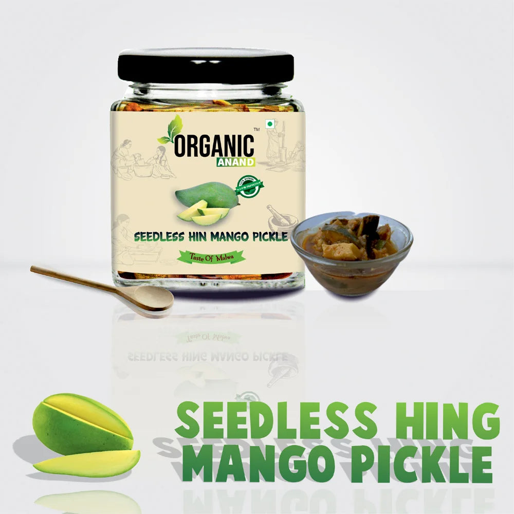 Organic Anand Homemade Seedless Hing Mango Pickles Oil-Free Traditional Khatta Aam ka Achar with Neemwood Spoon No Preservative