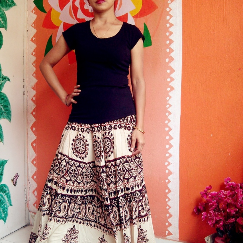 Hand Dyed & AJRAKH Hand Block  Printed Cotton Rayon Long Skirts