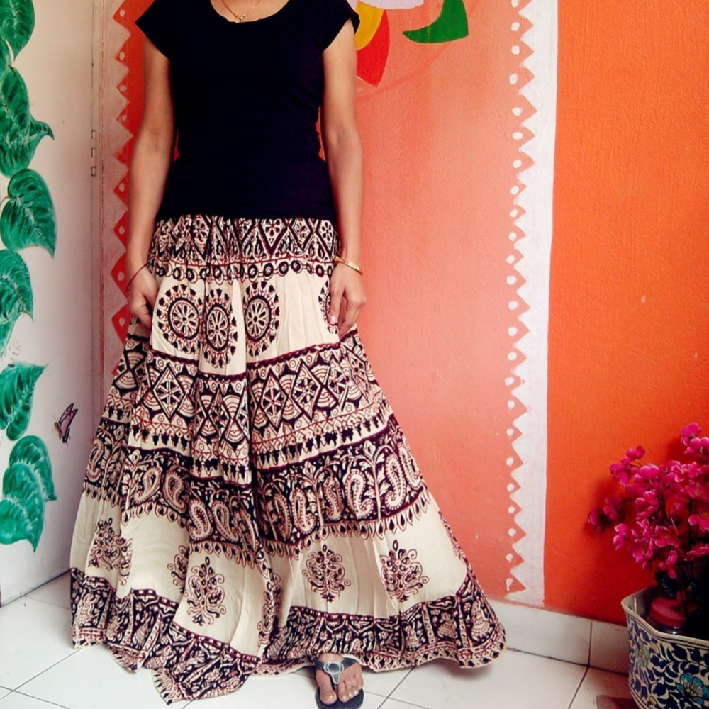 Hand Dyed & AJRAKH Hand Block  Printed Cotton Rayon Long Skirts