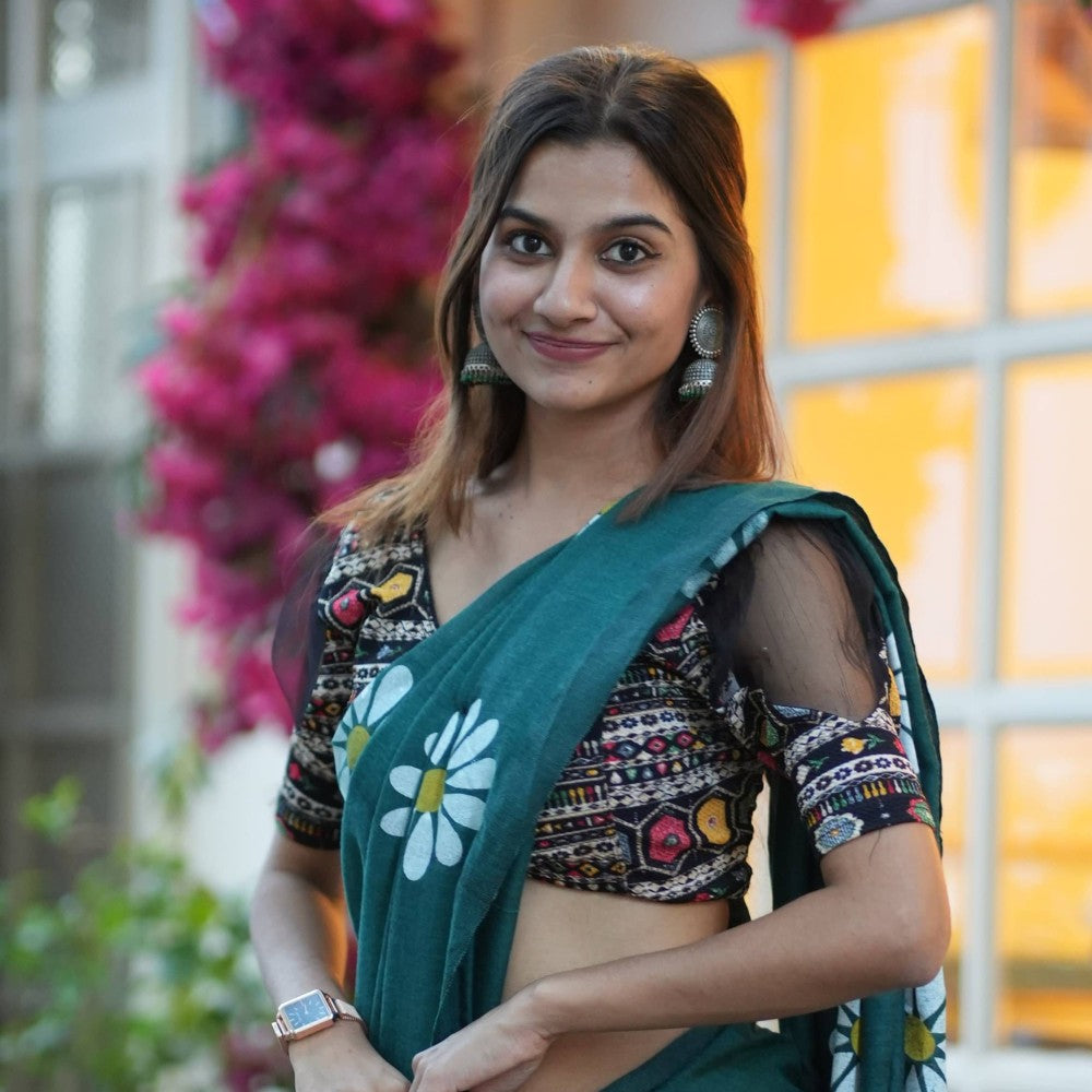 Pure Handloom Cotton Saree Emerald Green with Sunflower design