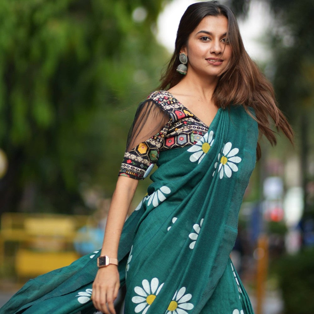 Pure Handloom Cotton Saree Emerald Green with Sunflower design