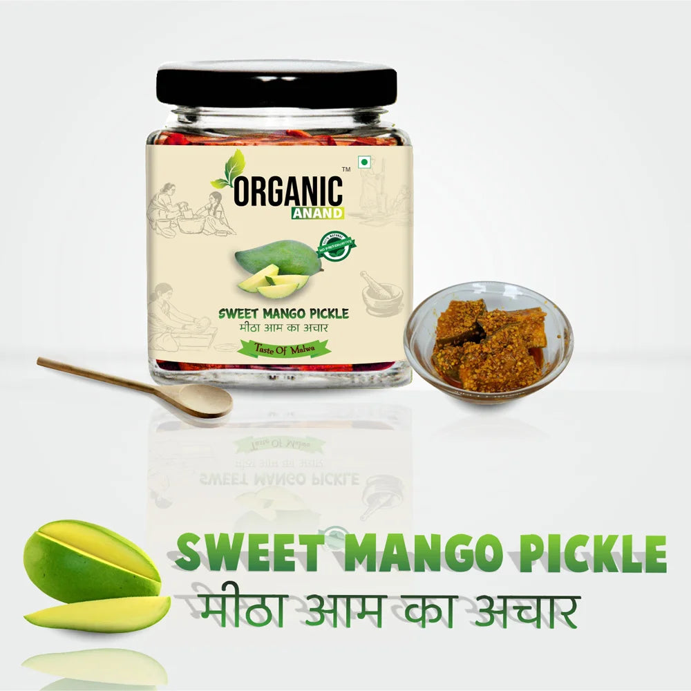 Organic Anand Pure & Natural Less Sweet Mango Pickle (Mitha Aam ka achar) Jaggery Mango Pickle,Homemade Achar with Neemwood Spoon No Artificial Preservatives & Colors