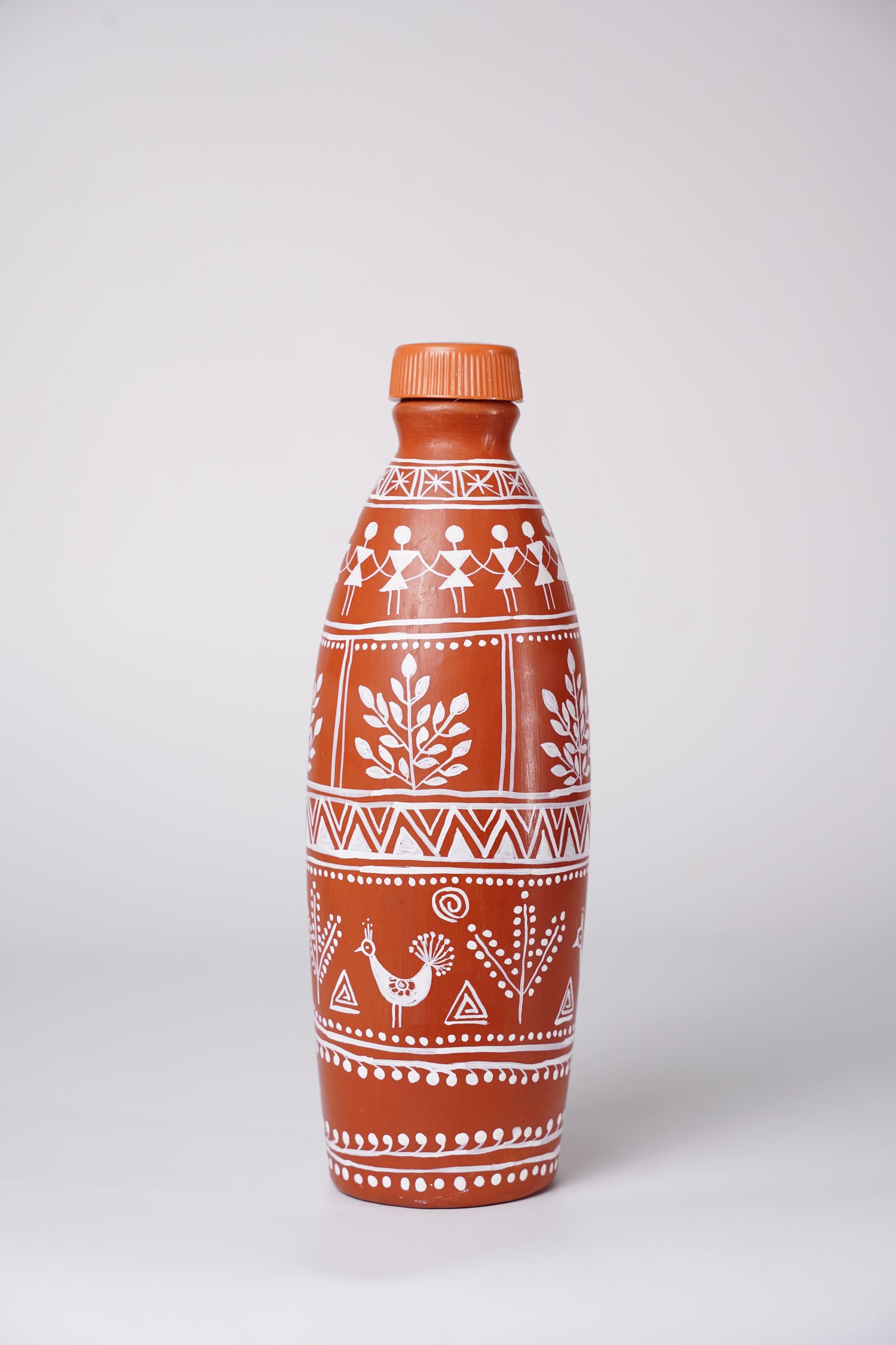 Bottle handmade clay water bottle with Warli art