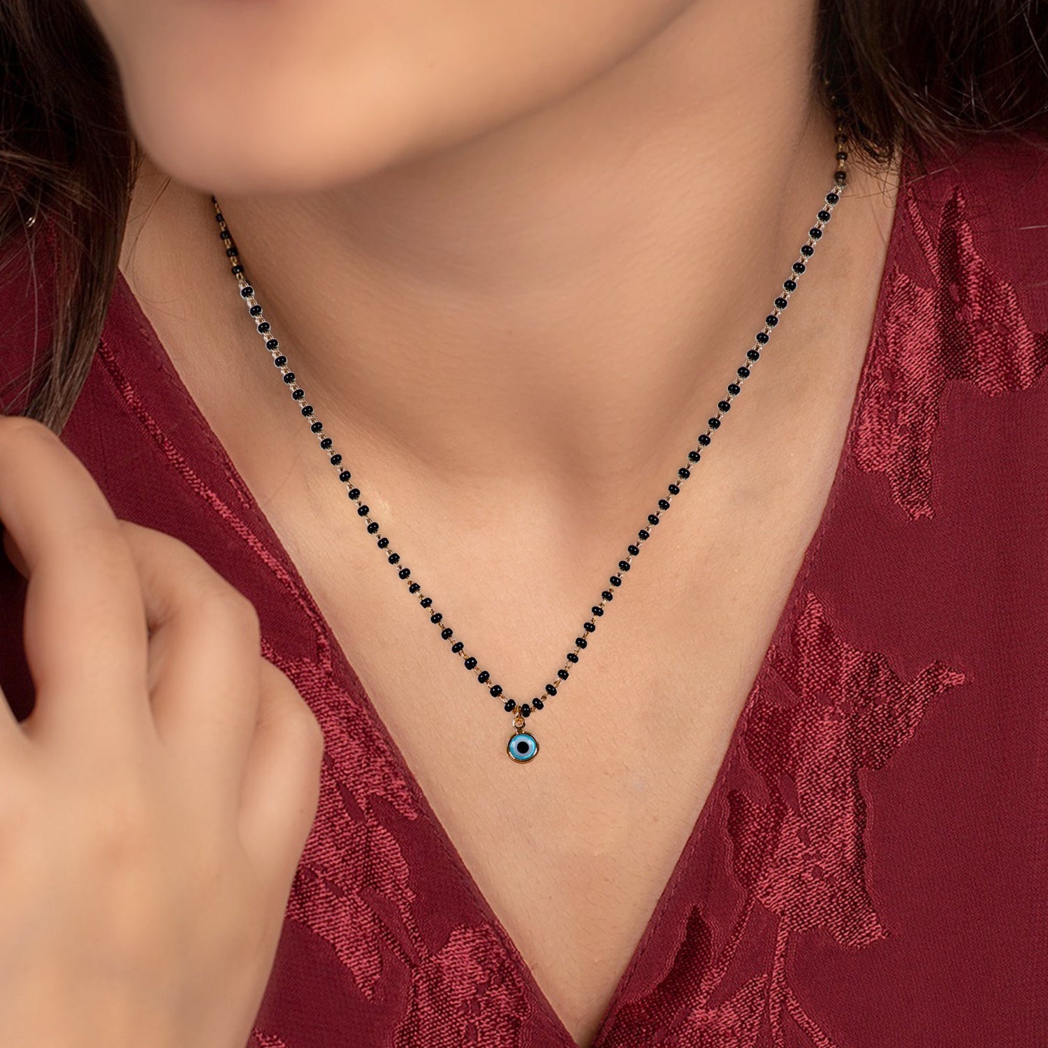 JHB Gold Plated Black Bead And Evil Eye Stone Mangalsutra For Women