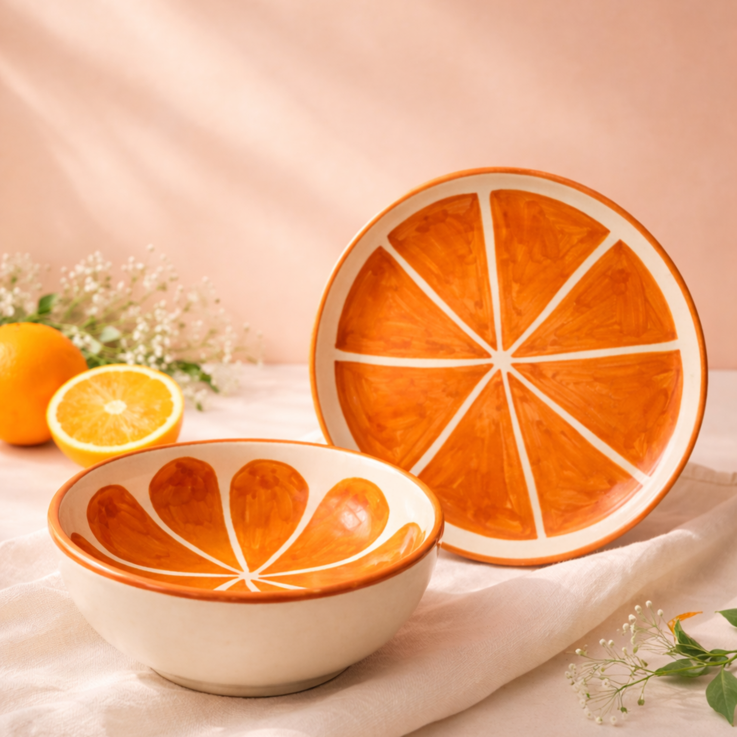 Mittory Citrus Ceramic Serving Bowl & 10 Inch Platter Combo| Dishwasher Safe | Microwave safe Fruit Snack Pizza (Pack of 2)