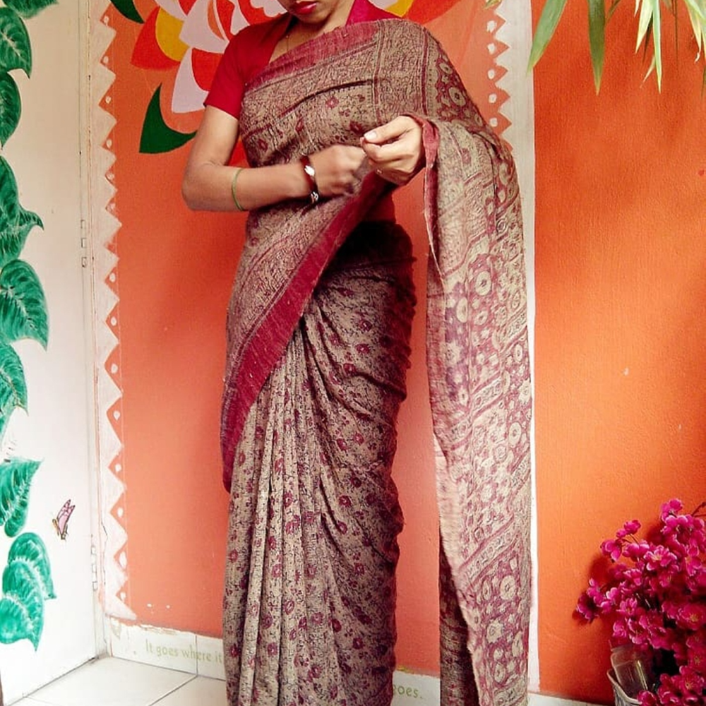 Raw Tussar Gicha Silk Ajrakh Hand Block Printed Saree with BP - Limited Edition