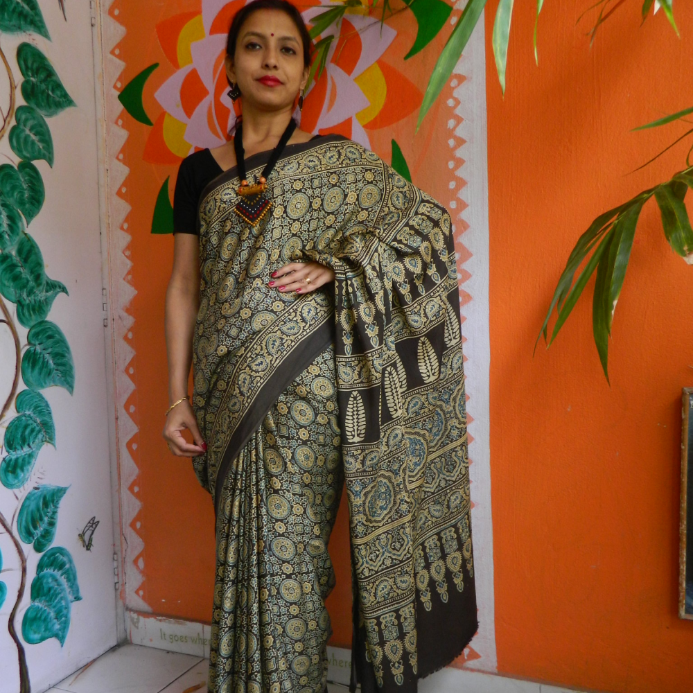 ALISHAAN- Modal Silk Ajrakh Hand Block Printed  Magical...Signature Work Saree