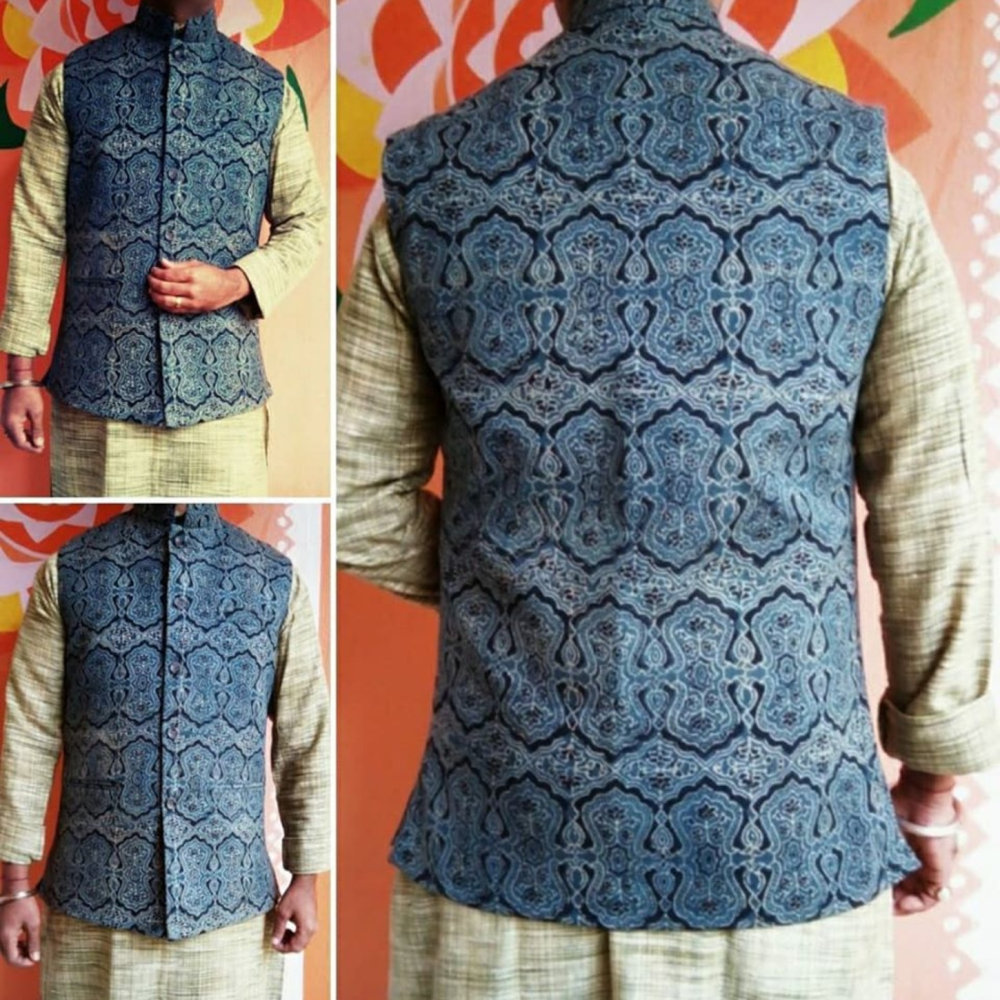 Ajrakh Hand block printed Stylish Designer Waist Coat geometric pattern