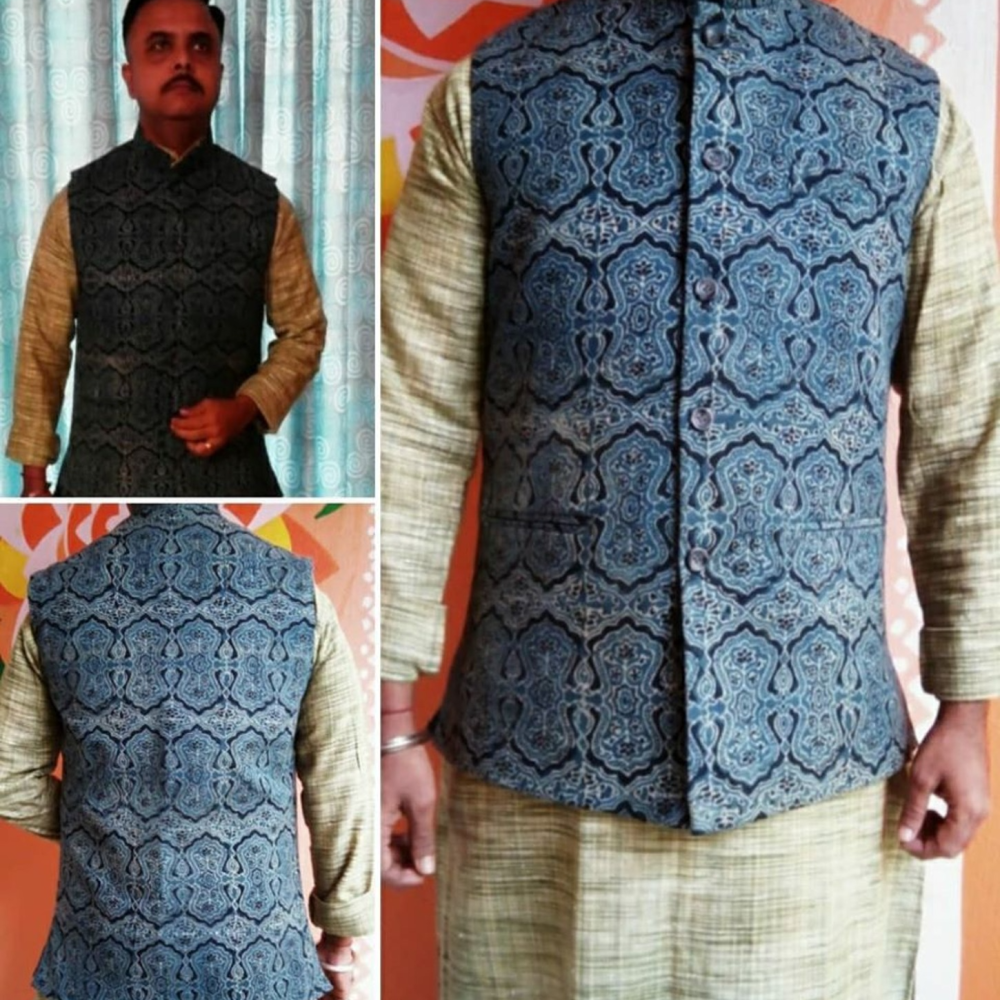 Ajrakh Hand block printed Stylish Designer Waist Coat geometric pattern