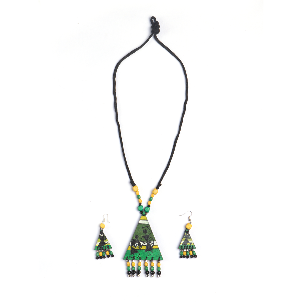 Handmade Handpainted Warli MDF Jewellery (GREEN/BLACK)