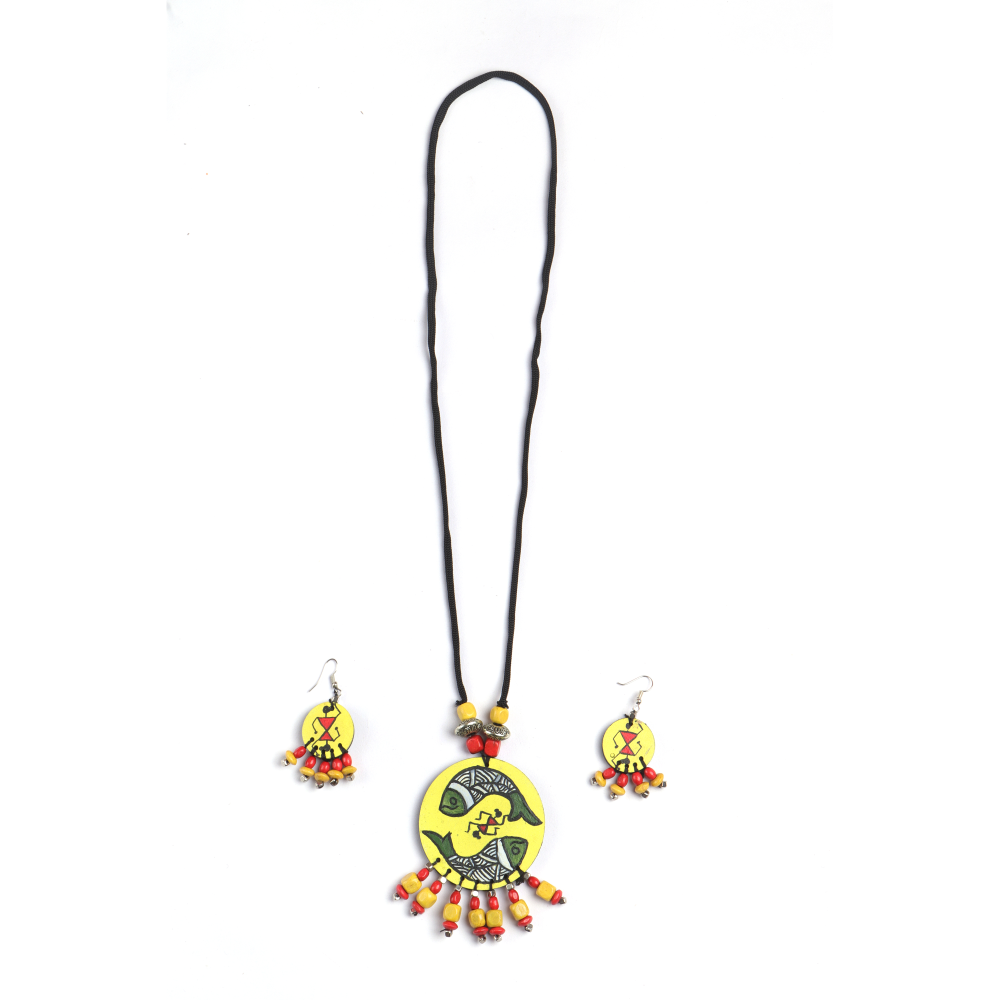 Handmade Handpainted Warli MDF Jewellery (Yellow)