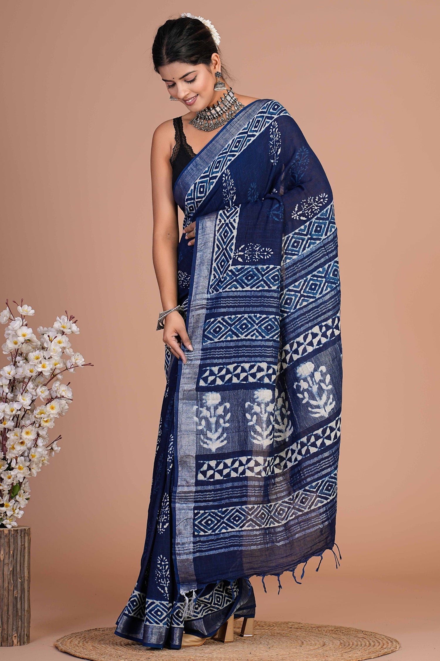 Hand Block printed  linen cotton sarees with blouse piece19