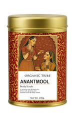 Organic Tribe Anantmool Body Scrub – luxury Ayurvedic body exfoliator for glowing, radiant skin. 100% natural, organic, chemical-free and preservative-free body scrub made in India with Anantmool root for tan removal and detox. Handmade royal skincare inspired by traditional Indian art and Ayurvedic rituals.