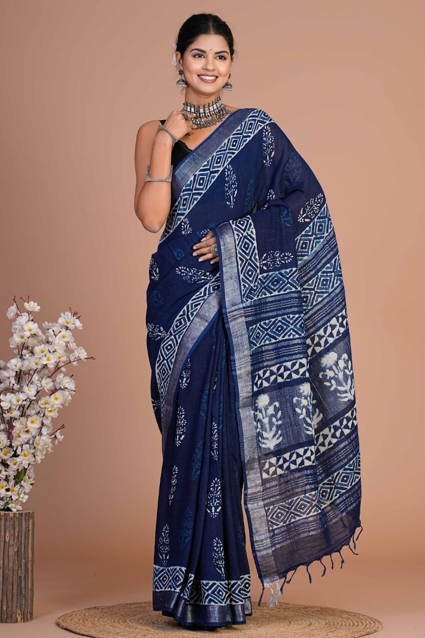 Hand Block printed  linen cotton sarees with blouse piece1