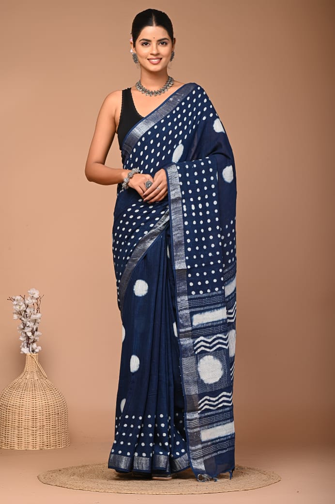 Hand Block printed  linen cotton sarees with blouse piece3