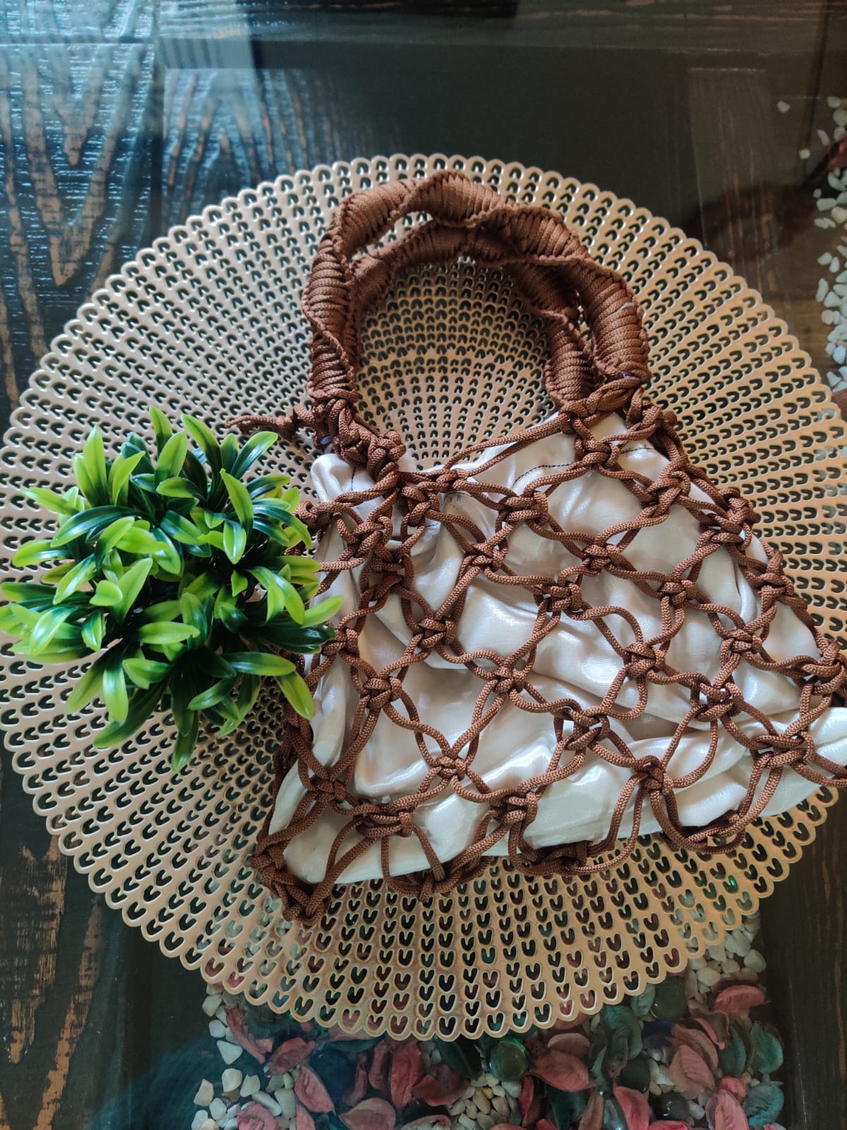 Handmade Macramé  Bag – Brown Cord with White