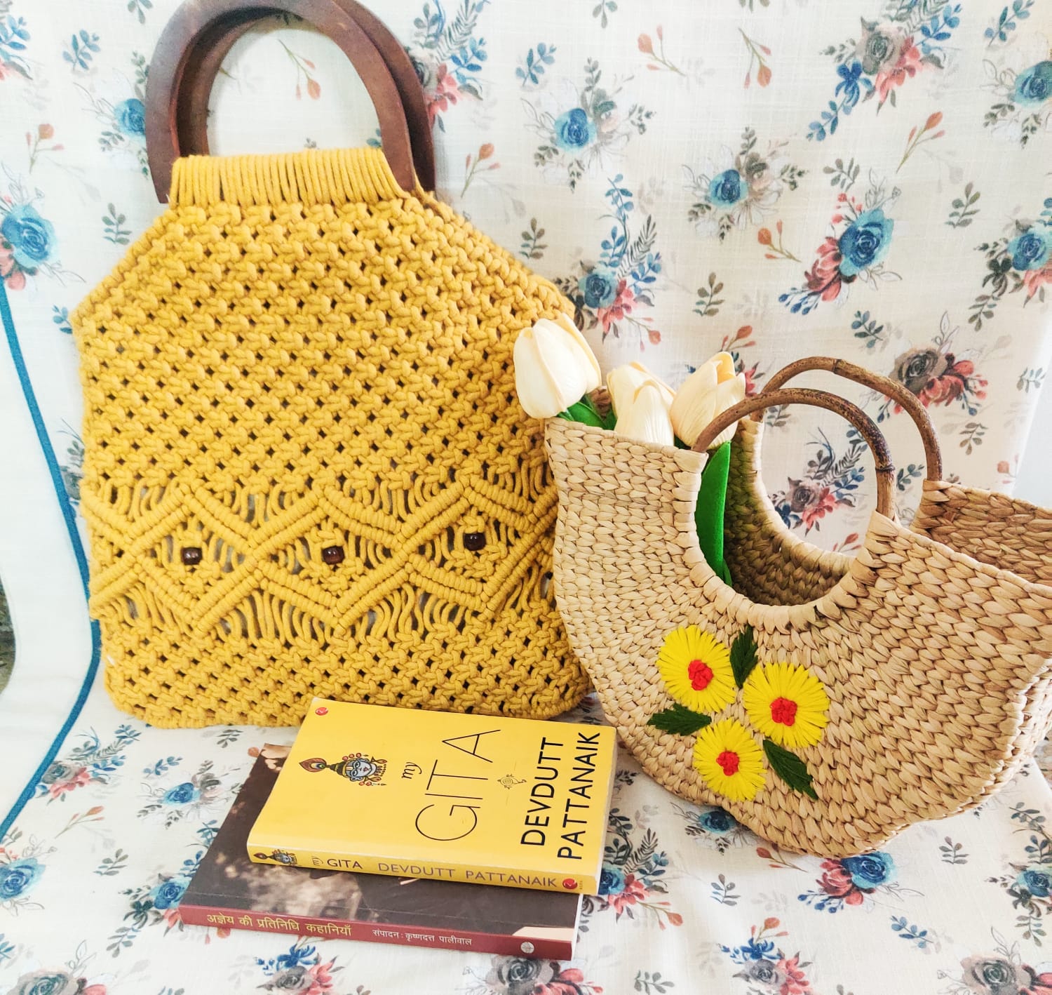 Handcrafted Yellow Macramé Handbag with Wooden Handles