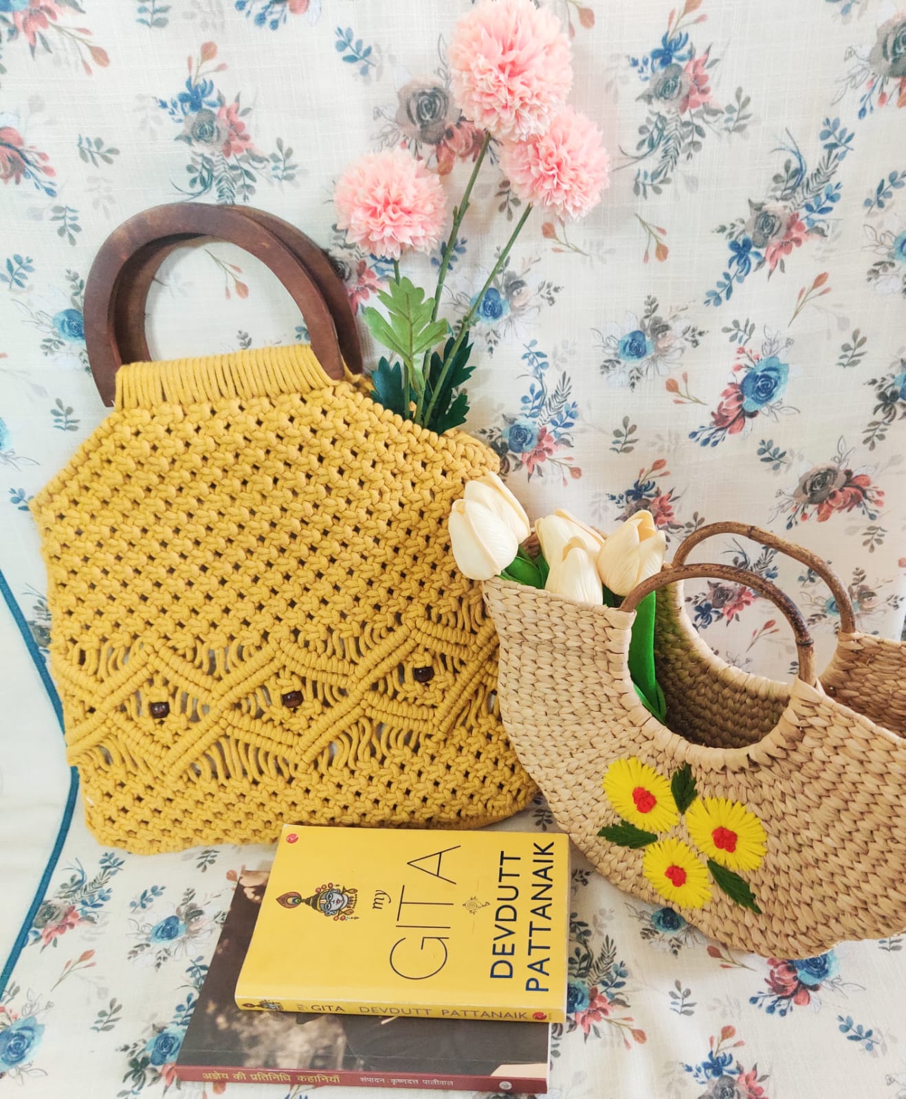 Handcrafted Yellow Macramé Handbag with Wooden Handles