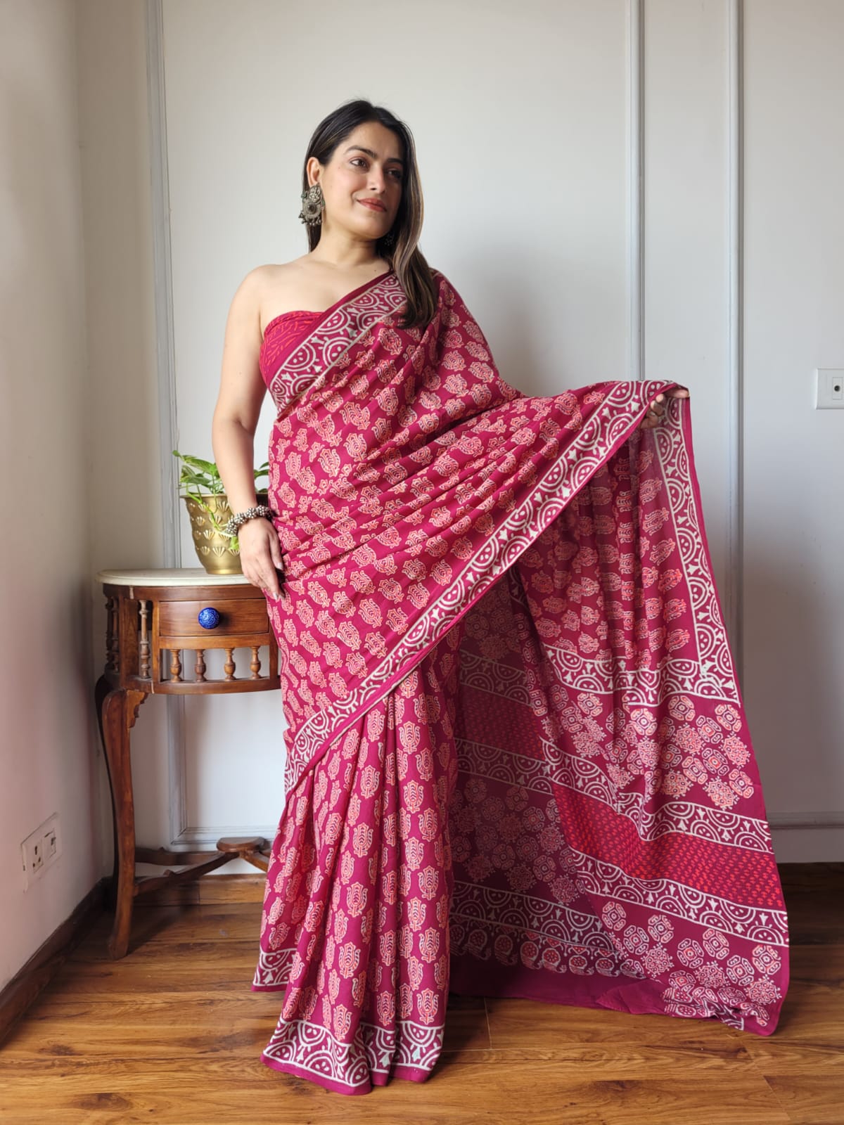 Hand Block printed  linen cotton sarees with blouse piece7