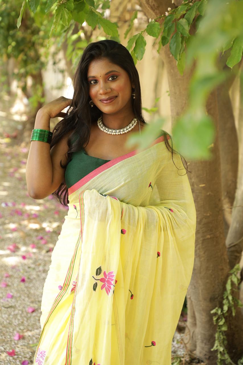 PURE MUL COTTON WITH LOTUS DESIGN HAND EMBROIDERY