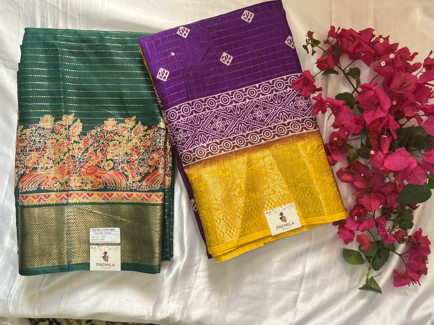BUY 1 GET 1 FREE - DOLA MIX FANCY SAREE - PURPLE AND BOTTLE GREEN