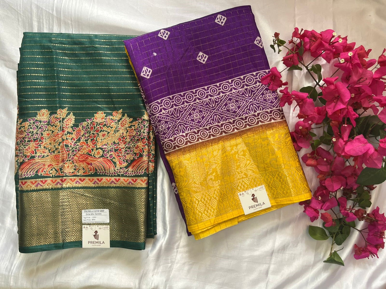 BUY 1 GET 1 FREE - DOLA MIX FANCY SAREE - PURPLE AND BOTTLE GREEN