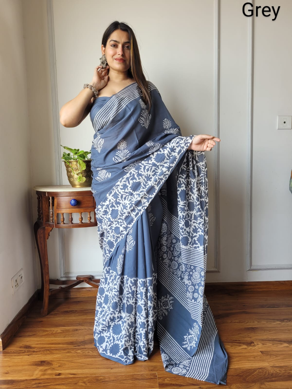 Hand Block Printed Pure cotton saree with Blouse Piece