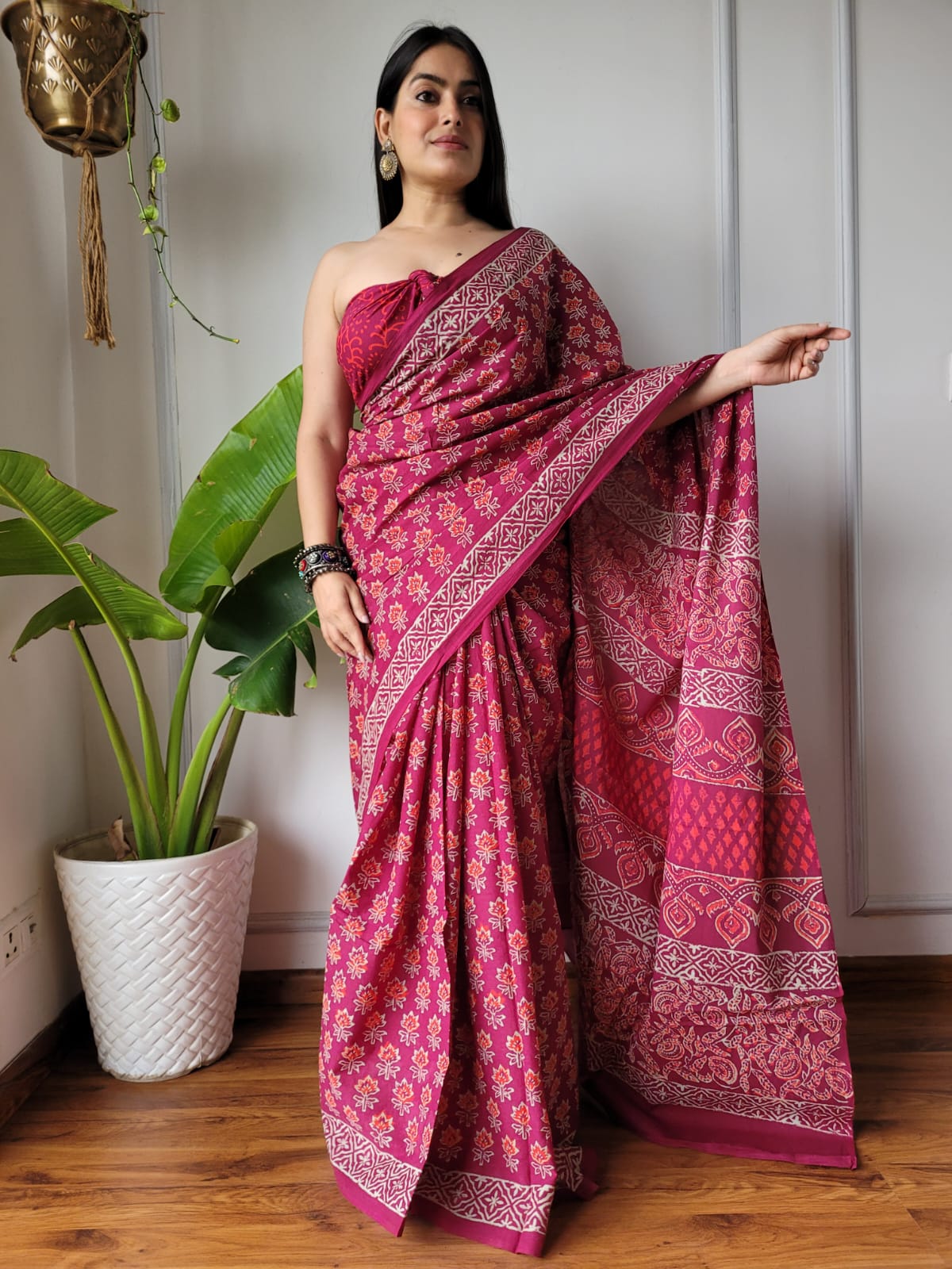 Hand Block Printed Pure cotton saree with Blouse Piece