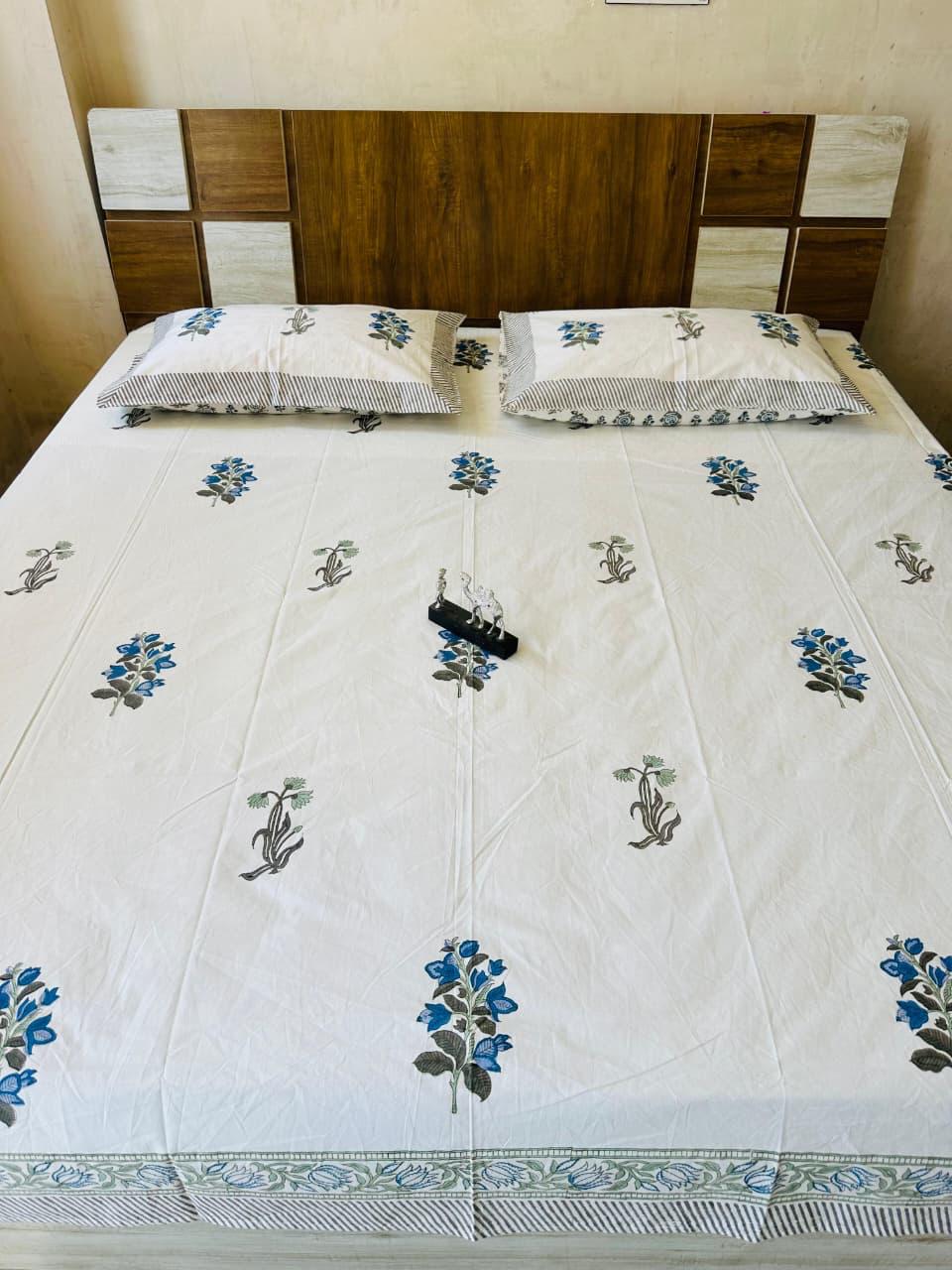 Handblock Premium Fine Count 8ft by 9ft Bedsheets with 2 Pillow Covers (1st Set of Designs)