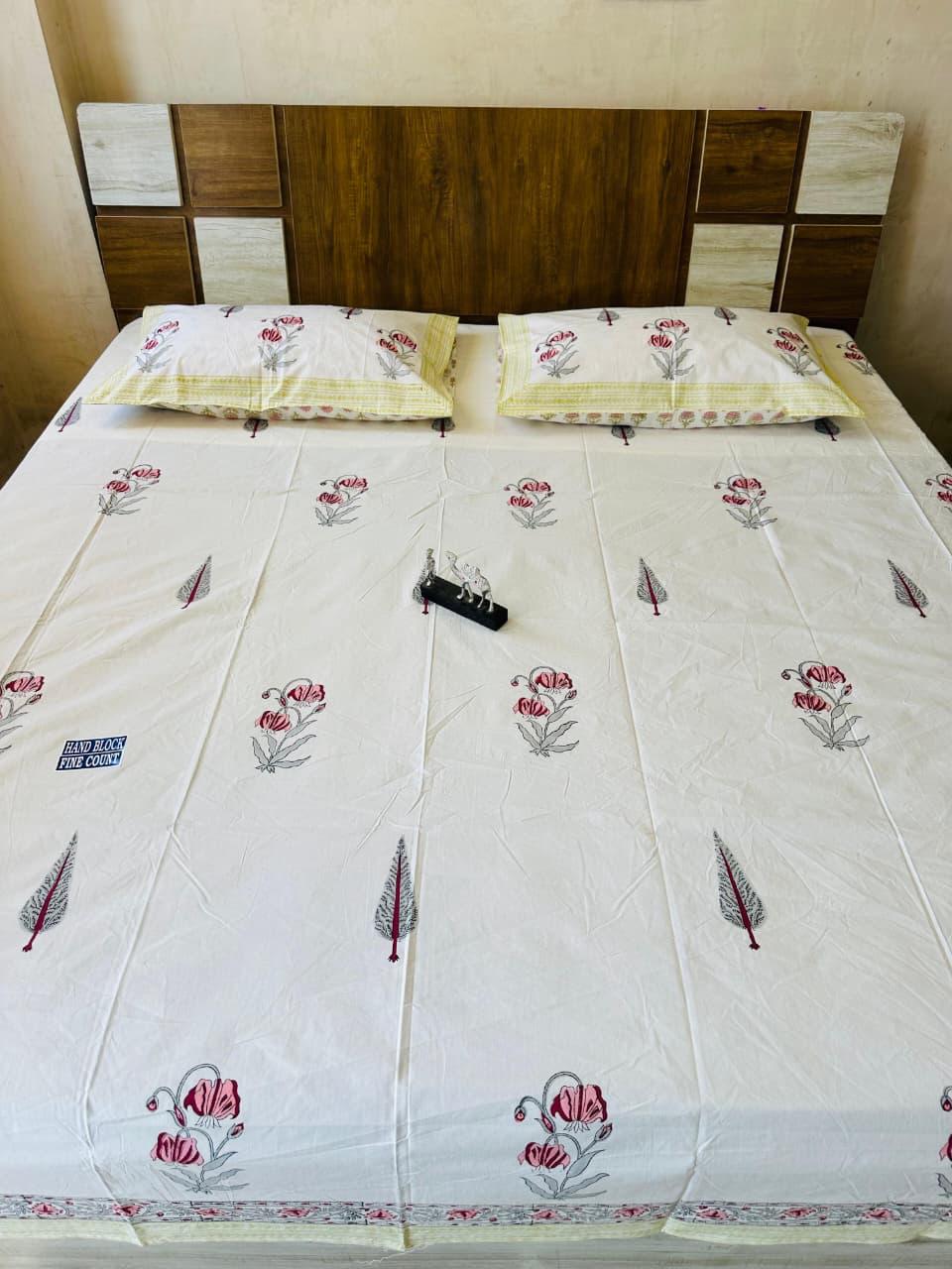 Handblock Premium Fine Count 8ft by 9ft Bedsheets with 2 Pillow Covers (1st Set of Designs)