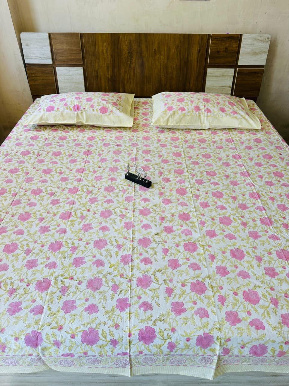 Handblock Premium Fine Count 8ft by 9ft Bedsheets with 2 Pillow Covers (4th set of Designs)