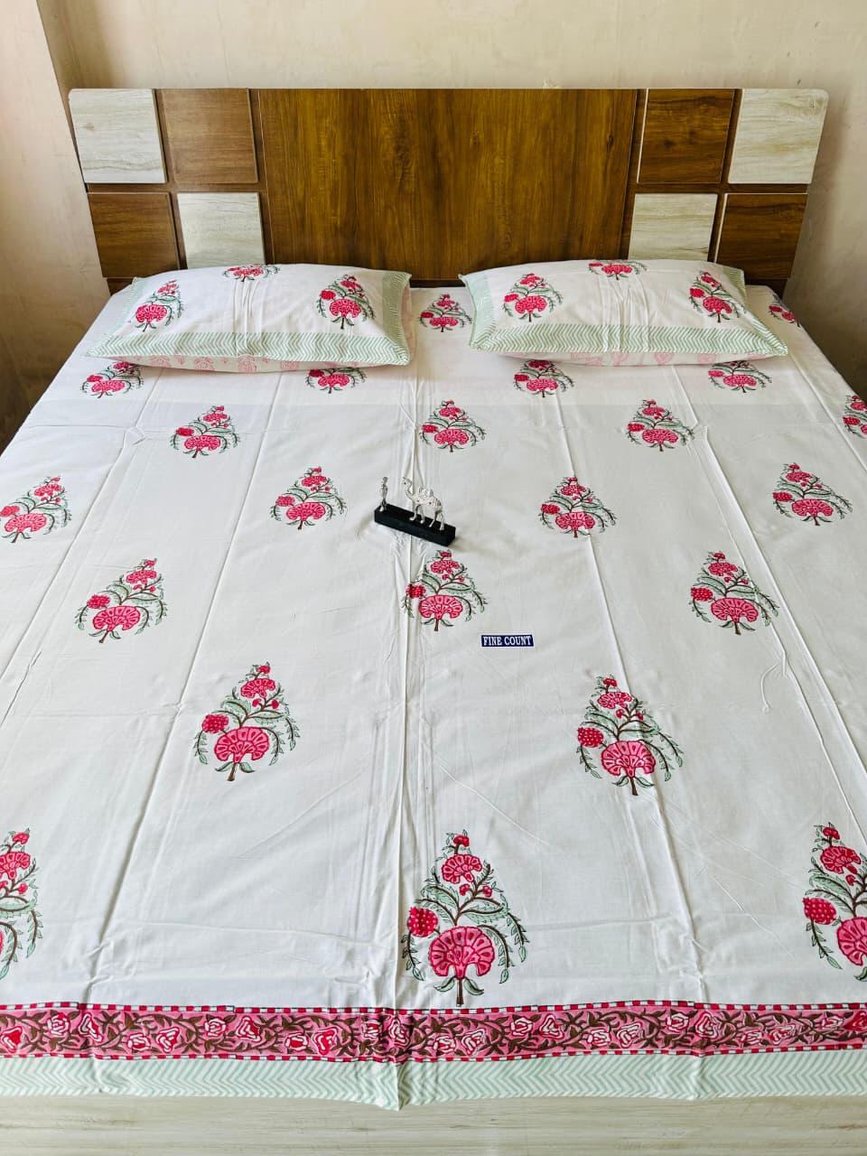 Handblock Premium Fine Count 8ft by 9ft Bedsheets with 2 Pillow Covers (2nd set of Designs)